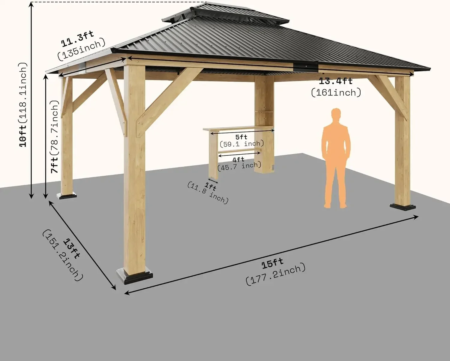 AMERLIFE 13x15 Wood Gazebo, Hardtop Gazebo with Iron Roof Double Roof, Outdoor Gazebo with Wood Frame for Patio, Garage, Lawns