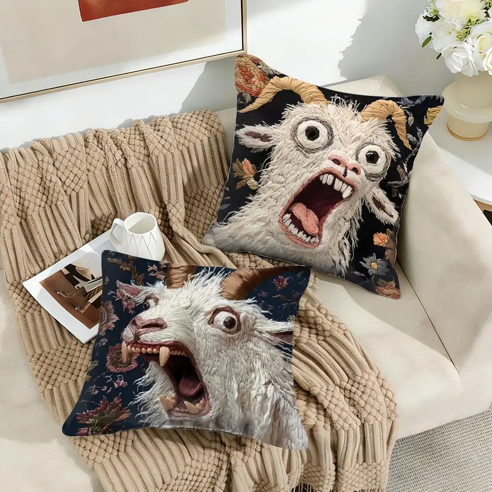 Spooky Goat Face 2D Cool Cushion Cover Short Plush Invisible Zipper Dustproof Sofa Pillow Case for Home Decor Throw Pillowcase