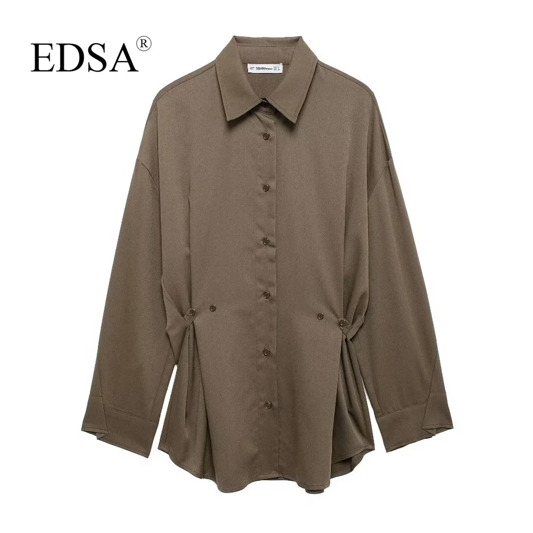 EDSA Women Casual Solid Shirt Adjustable Turn-down Collar Single Breasted Blouse New Fashion 2024 Autumn Top