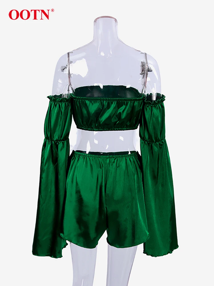 OOTN Sexy Green Off The Shoulder Tops Pajamas Spring Elastic Waist Shorts Crop Top Shirt 2 Piece 2024 Casual Nighties Sleepwear