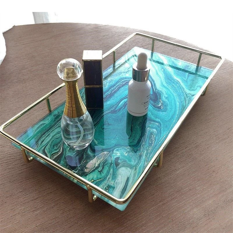 Blue Sea Wave Texture Storage Tray Rectangle Glass Serving Trays Dresser Table Cosmetic Containers Jewelry Organizer Platter