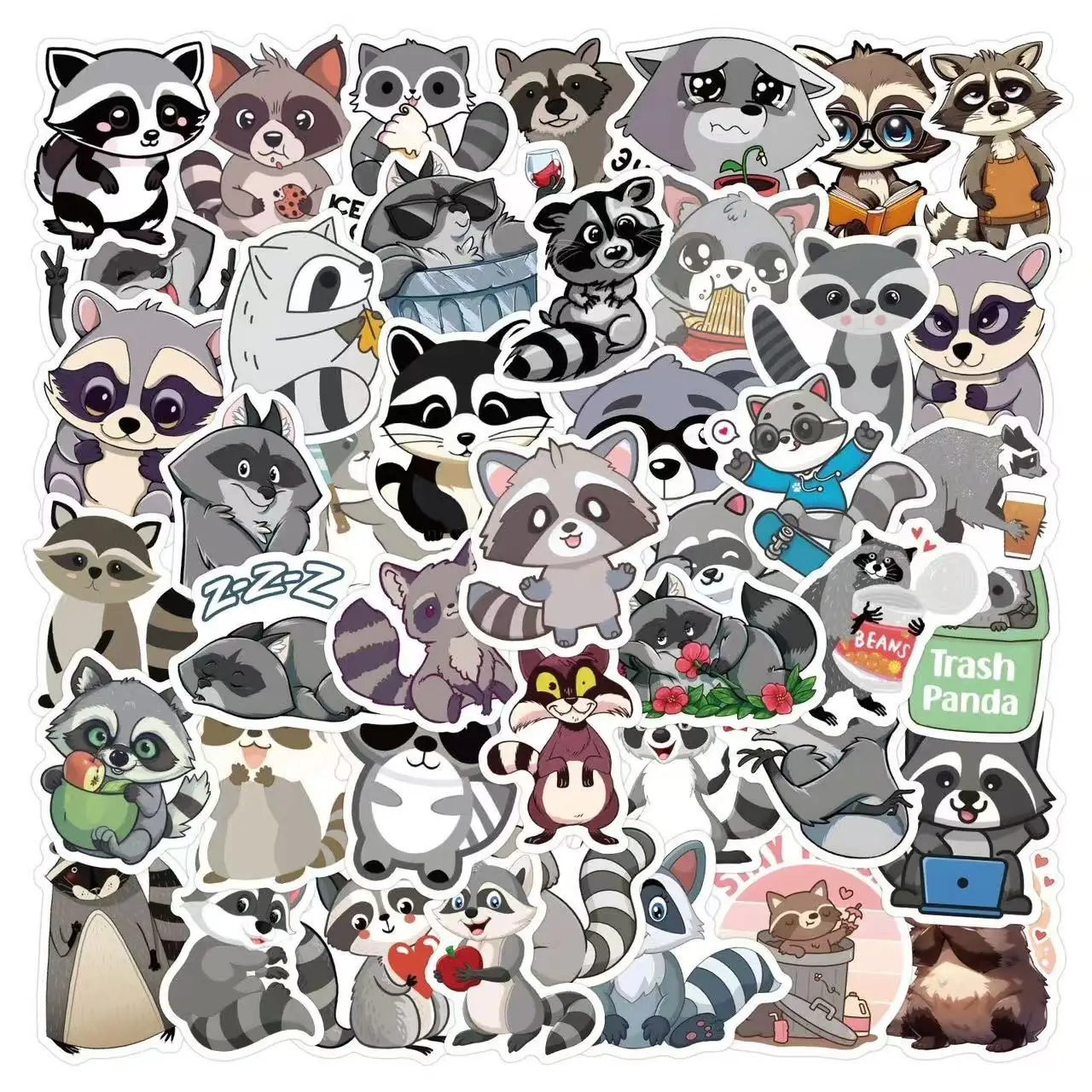 10/30/60pcs Fun Raccoon Stickers Vinyl Waterproof Decals for DIY Crafts Scrapbook Junk Journal Laptop Phone Bottles Decor Gifts