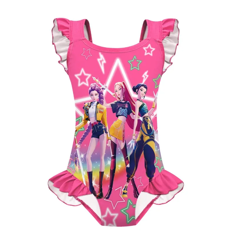 Trendy Toddler Girls One-Piece Swimsuit Set Hunter Witch Coven Print Lace Trim New Style High Stretch Protection for Beach Days image 5