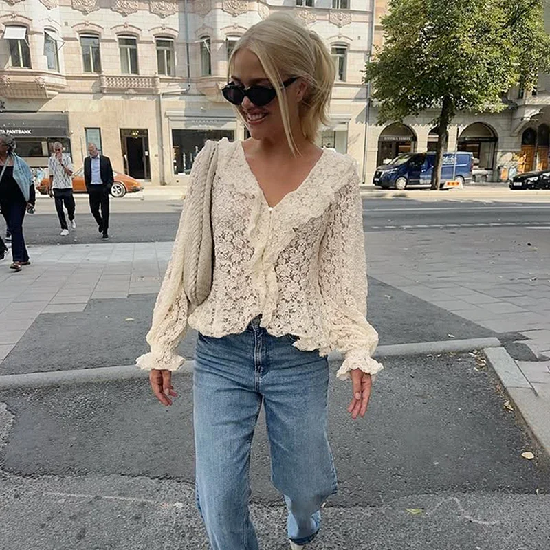 2025 New Fungus Splice Lace Shirt For Women V Neck Lantern Sleeve Ruched Top Cardigan Elegant Commuting Female Blouses Fashion