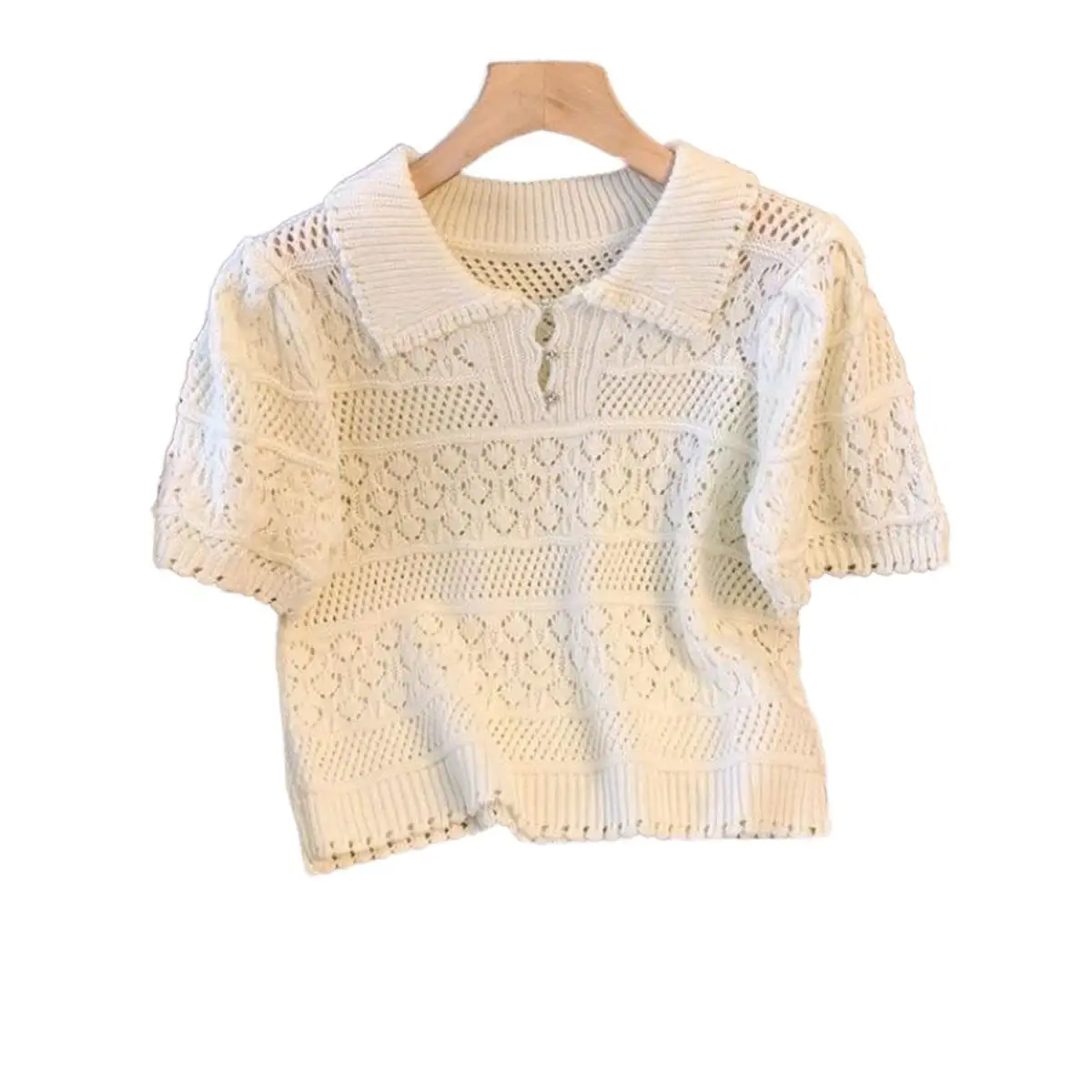 T-shirt  Women   Fashion  Summer  Knits  Short   Sleeve  Crochet  Hollow  Casual