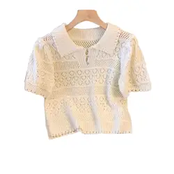 T-shirt  Women   Fashion  Summer  Knits  Short   Sleeve  Crochet  Hollow  Casual