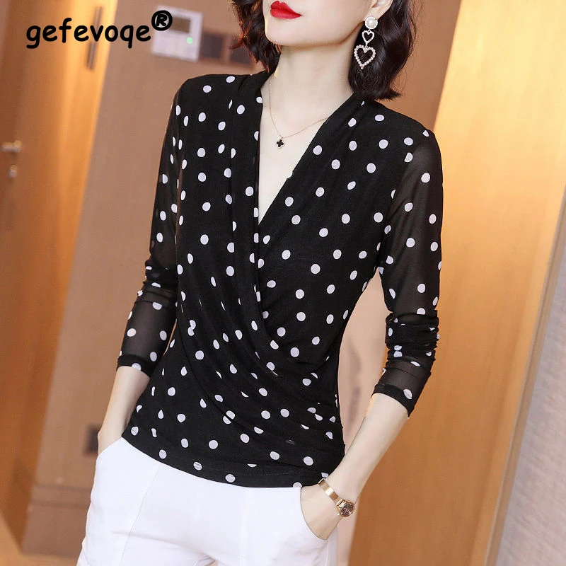 Elegant Polka Dots Mesh Office Ladies Basic Tops Women Spring Summer V-neck Long Sleeve All-match Slim Temperament Blouse Shirts