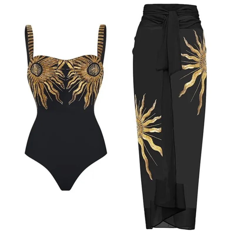 Retro czarne bikini z nadrukiem Dwuczęściowy kostium kąpielowy i osłona ze spódnicą Obcisłe damskie bandażowe letnie plażowe luksusowe eleganckie
