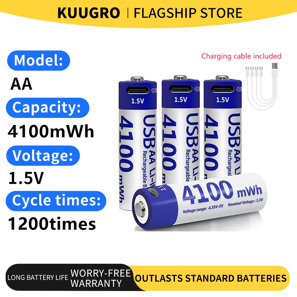 Kuugro 1.5V 4100mWh High Capacity AA Rechargeable Battery USB Type-C AA Li-ion Battery for Remote Control Smart Door Lock Toys