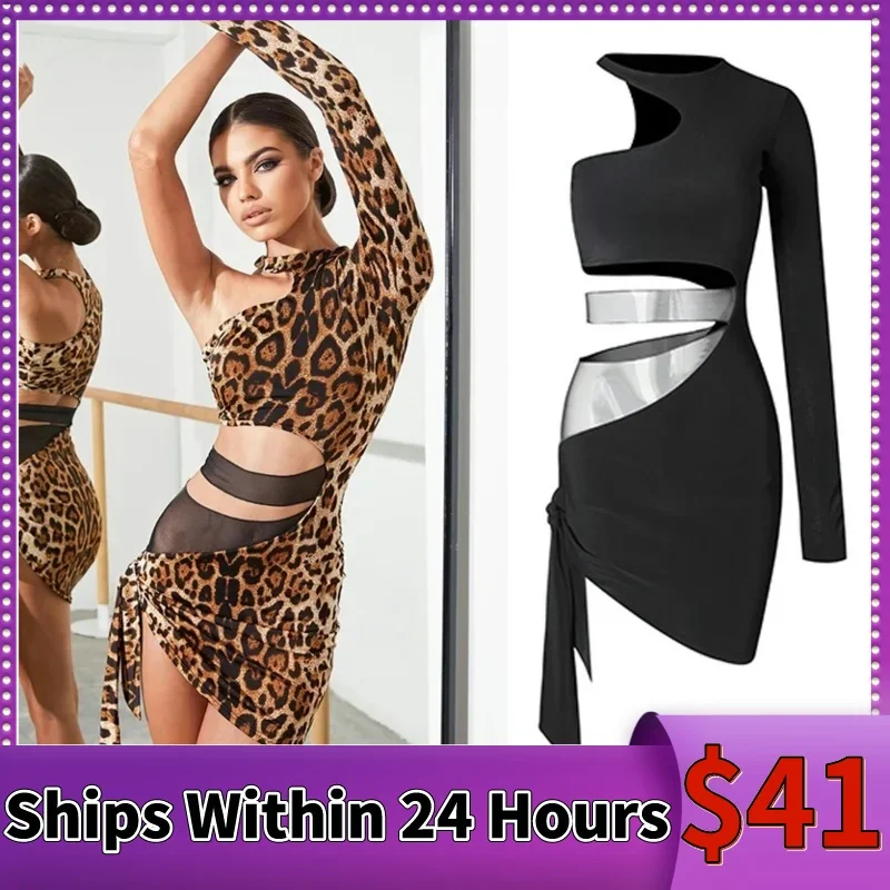 ZYM Women'S Ballroom Salsa Tango Dance Competition Costumes One-Sleeve Leopard Waist Mesh Latin Dance Dress Practice Wear 7268