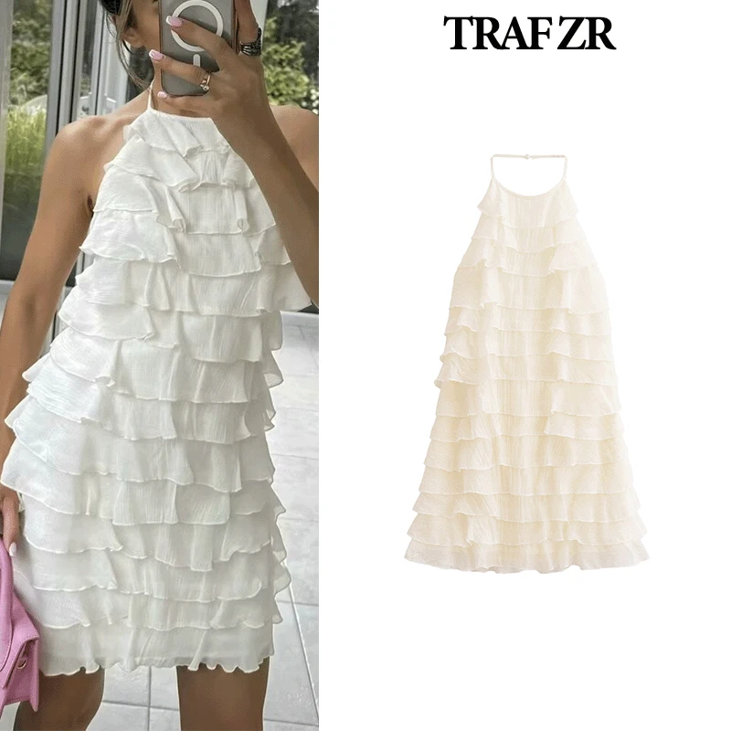 TRAF ZR Mini Dresses with Cutouts Prom Gown Beach Wear Women 2024 Beige Bow Prairie Chic Party Dress Tierred Neck-mounted Dress