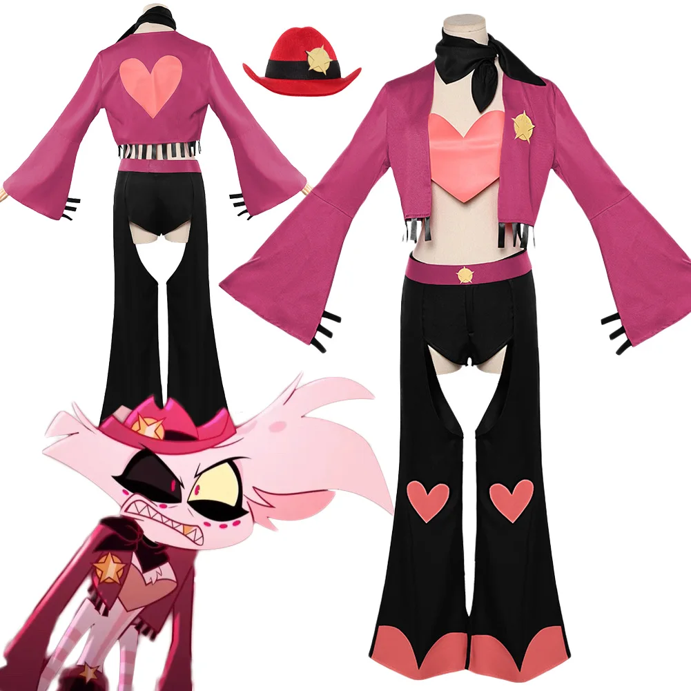 Disfraz de Hell Inn Angel Dust, traje, chaqueta roja, abrigo, sombrero de copa con corazón rosa, trajes para la cabeza, ropa de fiesta de Carnaval y Halloween