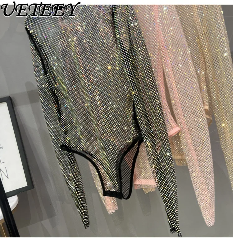 Tuta a rete con strass lucidi maglia trasparente moda Sexy tuta da salto donna discoteca Cocktail Party pagliaccetti abbigliamento