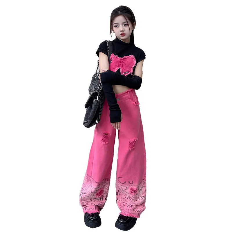 

Young Girl Clothing Sets Removable Long Sleeves Butterfly Tops+Letter Gradient Wide Leg Pants Suits Fashion Hip Hop Teen Clothes