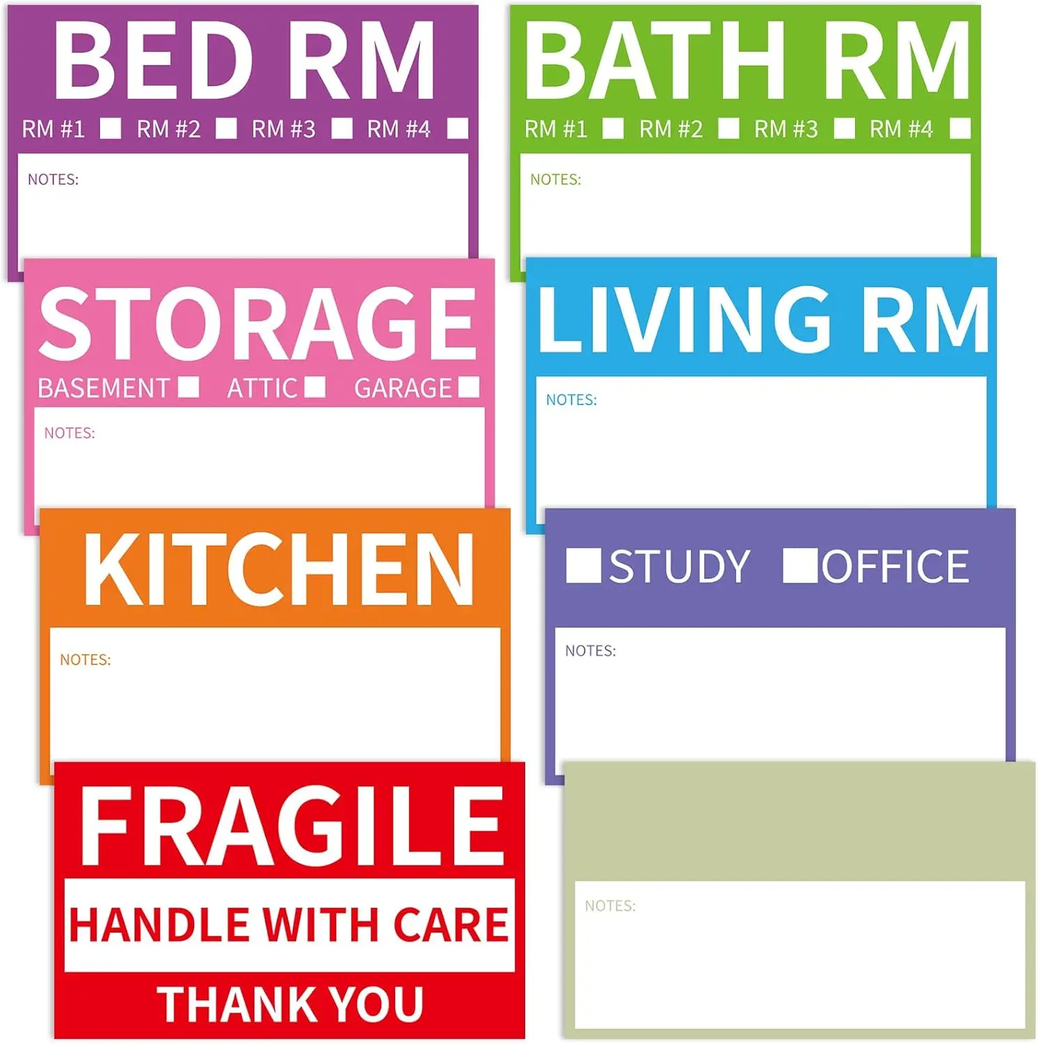 

340 Home Moving Labels 3.4x2 inch Color Coded Packing Box Stickers with Fragile and Blank Labels