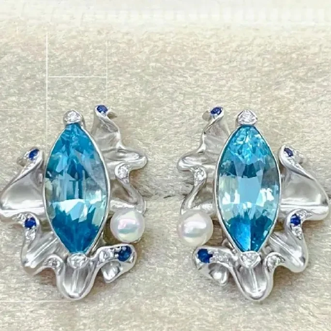 Little Fresh Color Matching Rolling Waves Blue Zircon Earrings Women's High End Social Banquet Eye-catching Earring Jewelry