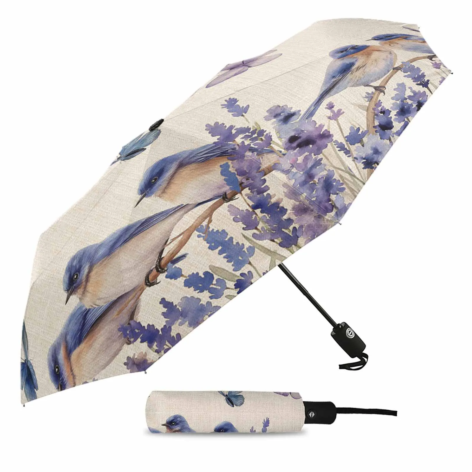 Bird Lavender Watercolor Butterfly Flower Automatic Umbrella for Rain Foldable Parasol Umbrella Eight strand Outdoor Umbrellas