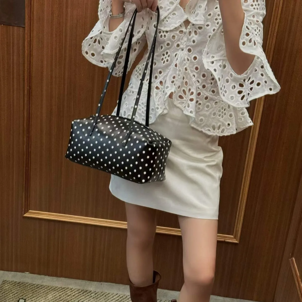 

FIRMRANCH 2026 Summer New Fashion Sweet Polka Dot Toast Bag Women's Genuine Leather Shoulder Underarm Purse