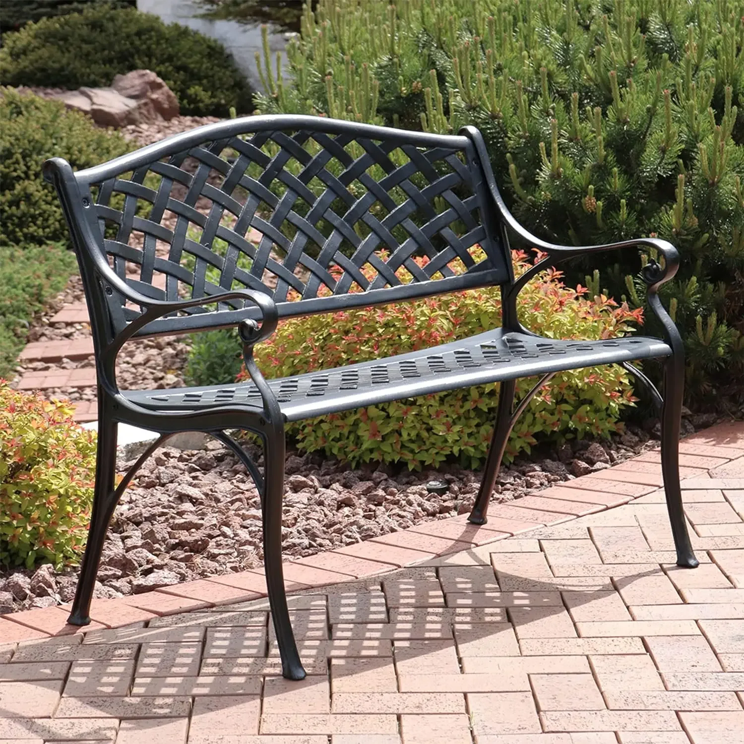 Sunnydaze 2-Person Cast Aluminum Garden Bench with Checkered Design - 615-Pound Weight Capacity - 39-Inch W - Black