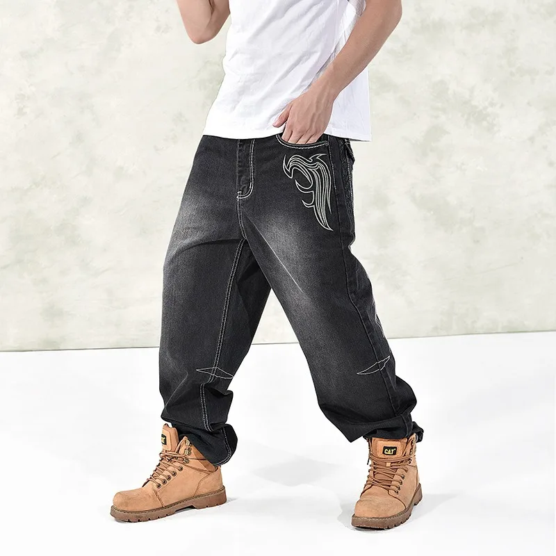 New Embroidered Jeans Loose High Street Hip Hop Skateboarding Pants Men's Motorcycle Floor Dragging Long Pants