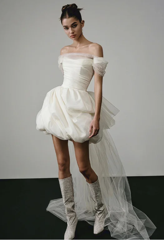 Romantic Off Shoulder Ruched Mini Bridal Gown Bubble Puff Skirt Detachable Tulle Train White Wedding Dress Robe De Mariee Custom