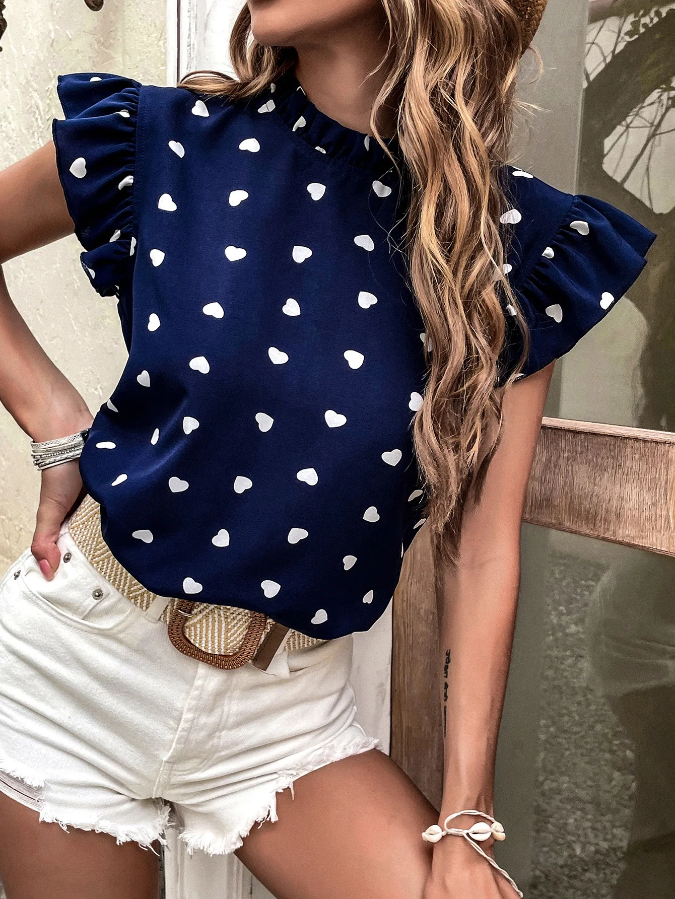 Fashion Short Sleeve Casual Shirt Women 2024 Summer Ruffled Love Print Tops And Blouses Elegant Office Top Femme Shirt Blouse