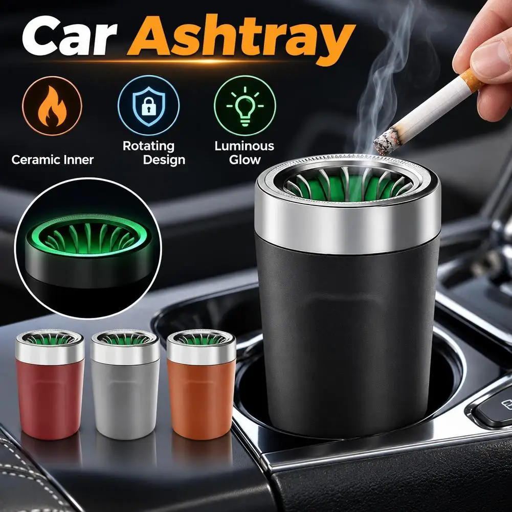 Rotating‑Lid Car Ashtray with Glow‑in‑Dark Design Ceramic Heat‑Resistant Liner Wind‑Proof Odor‑Sealed Ash Tray for Car and Home view 3