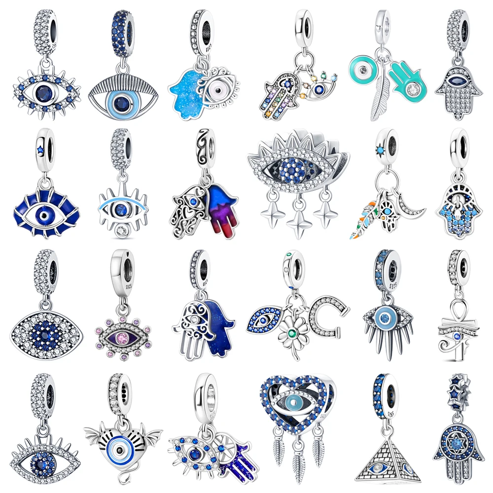 

Original 925 Charms Sterling Silver Blue Devil Eye Palm Feather Charm Pendant for Pandora DIY Bracelet Women's Jewelry Gift