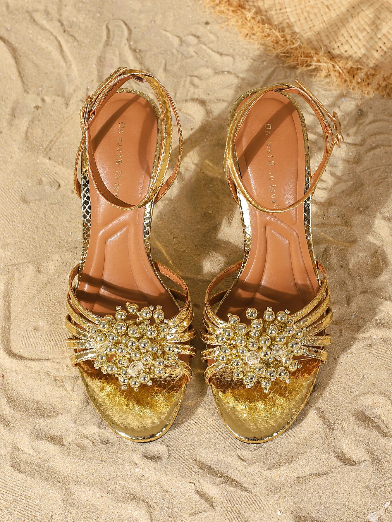 Women's Gold Beaded Open Toe AnkleStrap Stiletto Heels, Elegant High HeelSandals for Wedding, Party, Prom image 6