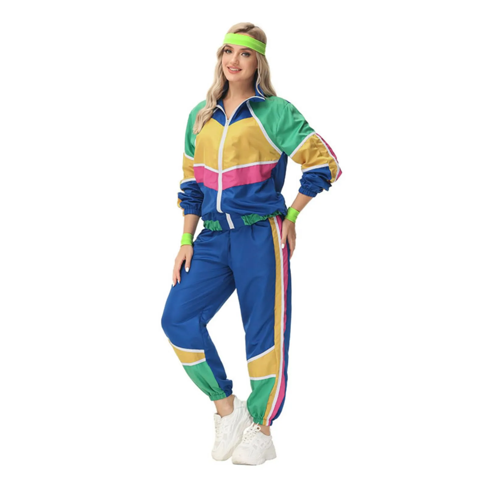 Adult Women And Man 80s Retro Style Hip Hop Windbreaker Disco Tracksuit Two Piece Set Colorblock Long Sleeve Tops And Pants Suit