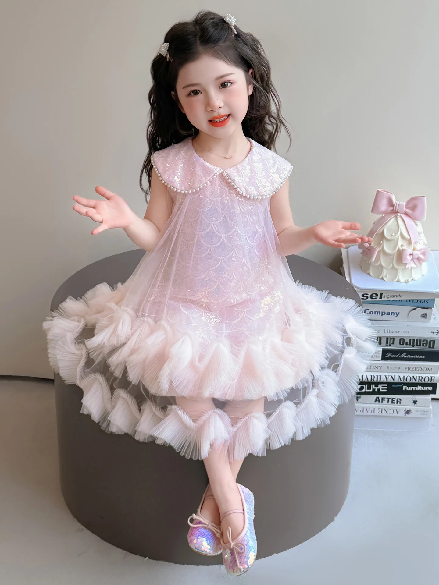 Vestido de Verão para Meninas, Novo 2026, Estilo Princesa, com Lantejoulas Brilhantes, Vestido de Tule Infantil, Estilo Doce,...