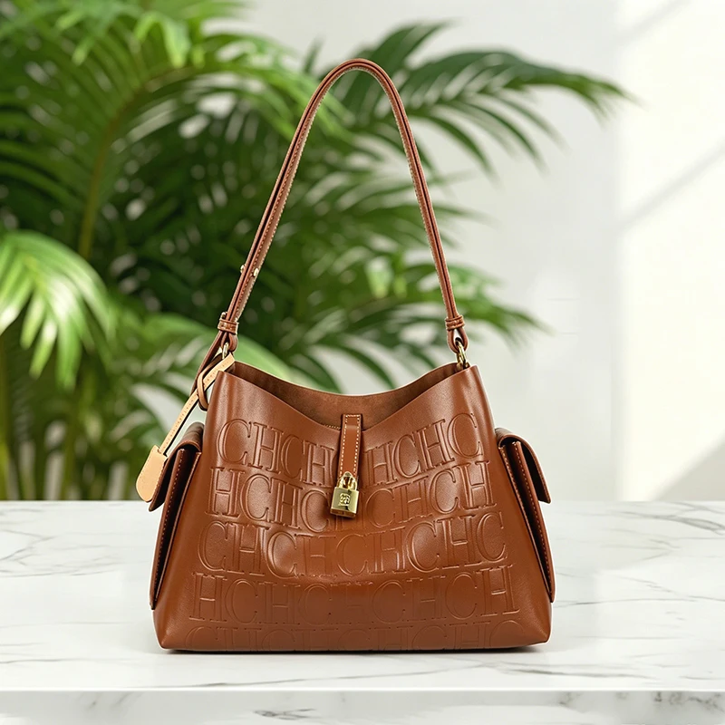 CH Large Capacity Embossed Shoulder Bag Simple Fashionable Daily Commuter Adjustable Strap Womens Handheld Tote Bag image 3