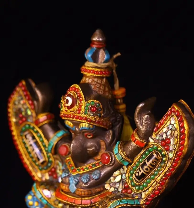 

16"Old Xizang Folk Collection Old Tiantie Painted Mosaic Gem gZi Beads Turquoise Garuda Buddha Vajra Phurba Amulet Town House