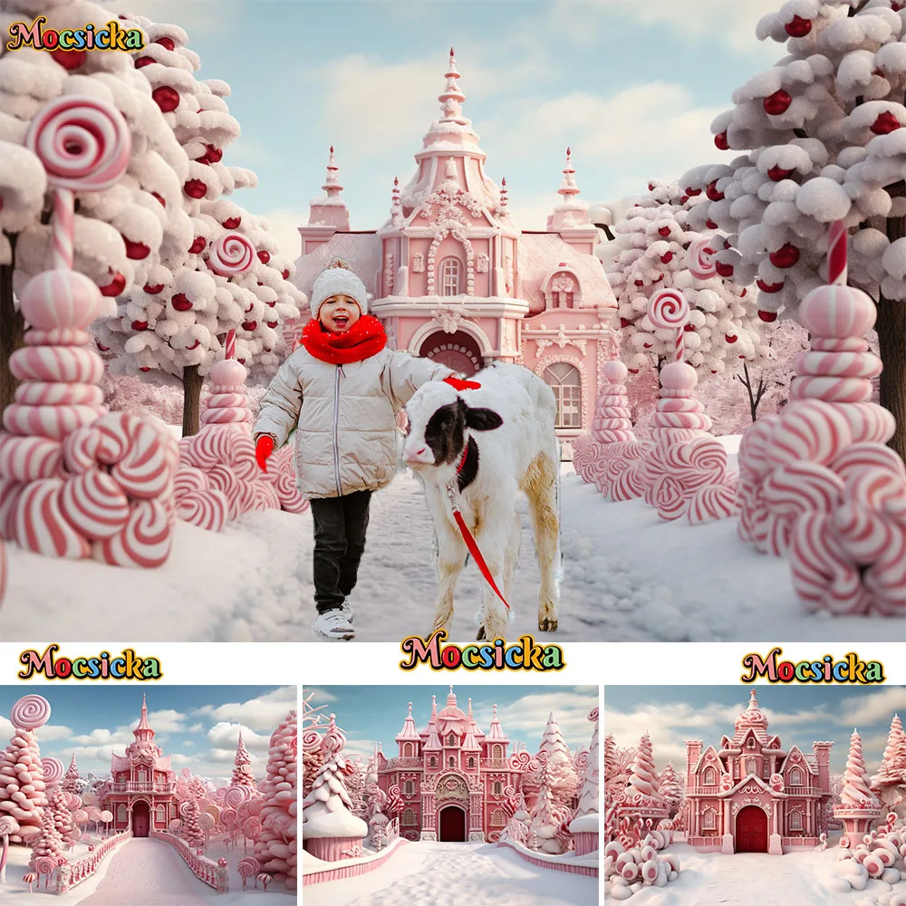 

Mocsicka Winter Pink Candy Castle Background for Girls Christmas Party Decoration Backdrop Banner Snow Studio Photography Booth