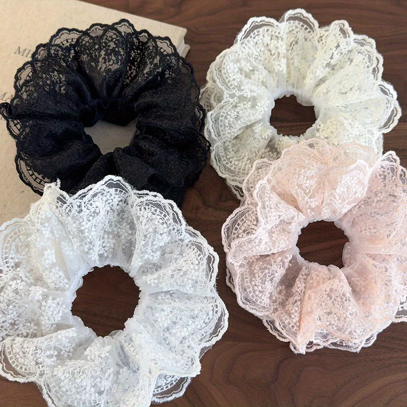 Super Ethereal Embroidered Lace Fabric Multi-Layer Bow Hairband with Sweet and Versatile Bun-Style Mesh Hair Tie