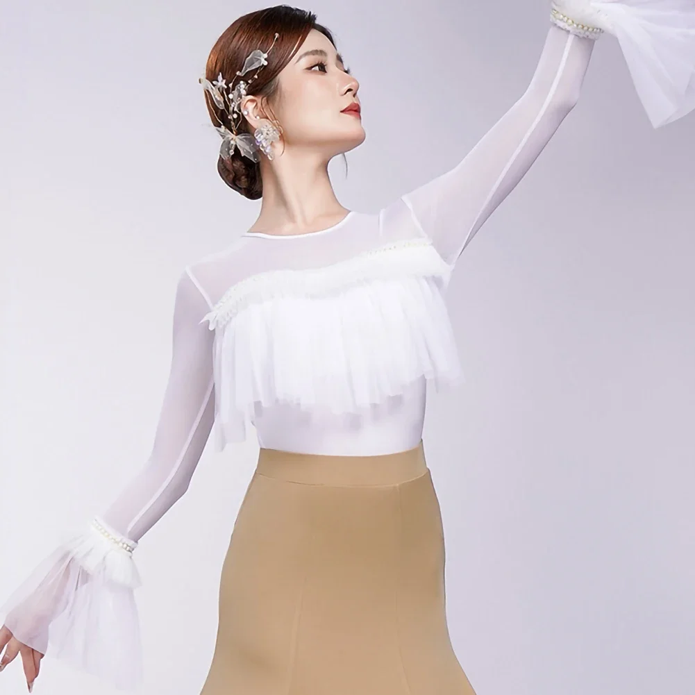 2025 Rose Powder Latin Dance Jumpsuit White Cloud Yarn Dance Practice Long Sleeve Ball Top Round Neck Clothing Women's