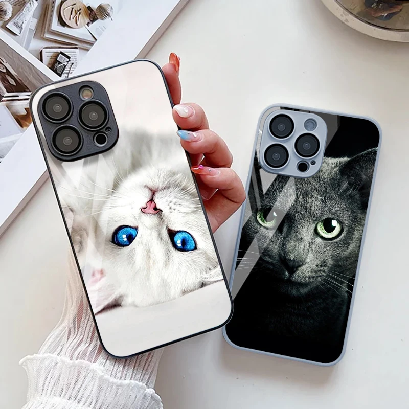 

Luxury Tempered Glass Phone Cases For iPhone 16 15 Pro Max 14 13 12 11 Pro Max Pro Xs XsMax XR Fashion Cute Cat Glass Cover