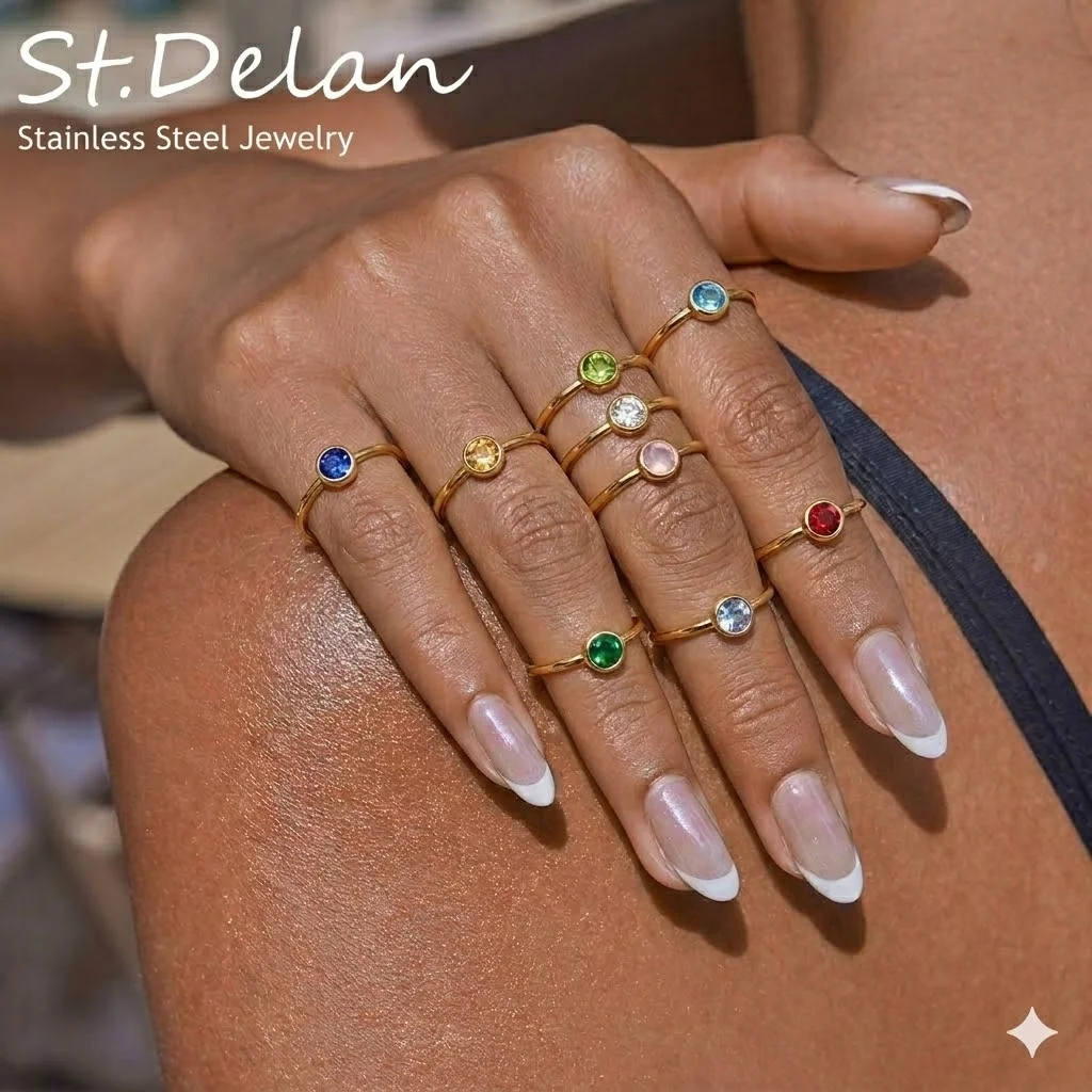 St-Delan Women's Stainless Steel Birthstone Ring — Simple, Round, Cup-Set Zirconia Ring — Unique & Minimalist Jewelry