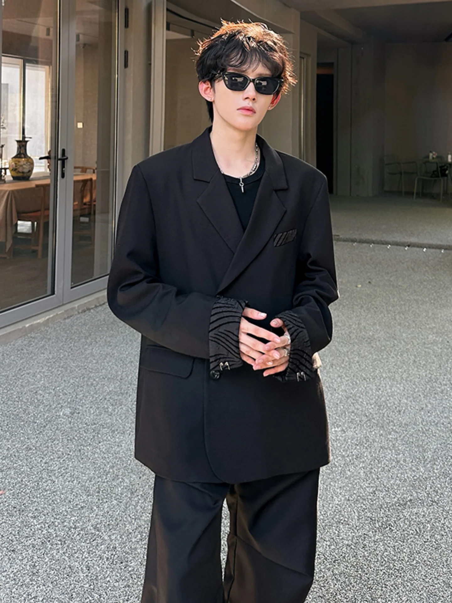 

Casual Tailored Men's Suit Jaet Patchwork Slant Lapel Wedding Engagement Ceremony Outerwear Polyester Fiber Long Sve