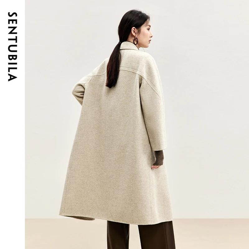 SENTUBILA Korean Style 100% Wool Coat For Women 2026 Simple Solid