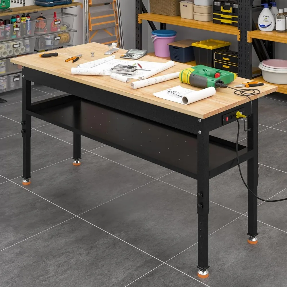 โต๊ะทำงานปรับระดับได้สำหรับงานหนัก พร้อมท็อปไม้ยางพารา ช่องเสียบปลั๊กไฟ ฉากกั้น และรับน้ำหนักได้ 2000 ปอนด์ สำหรับใช้งานในอุตสาหกรรม
