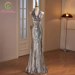 Customized Sexy Mermaid Evening Dress Halter Silver Gray Sequins Backless Sparkling Formal Party Gowns for Women Vestidos