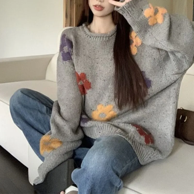 Women\'s Pullover Embroidery Printing Round Neck Solid Sweater Autumn and Winter Korean Young Style Long Sleeve Loose Knit Tops