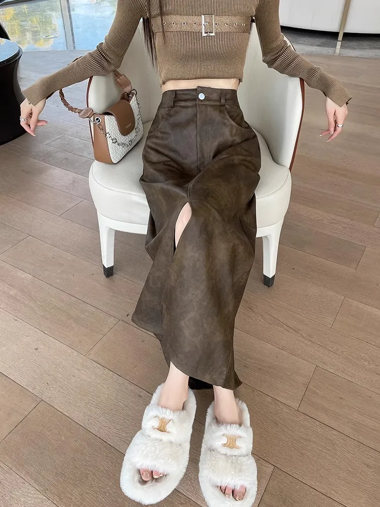 

High Waist PU Leather Skirt with Slit Mid-Length A-Line Vintage Sle Women's Faion Spring Autumn Winter Skirts