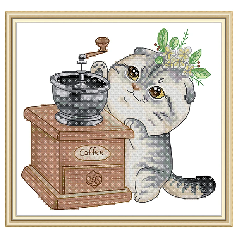 Cat and Coffee Cartoon Patterns Counted Cross Stitch Set Wholesale 11CT 14CT Stamped DMC Cross-stitch Kits Embroidery Needlework