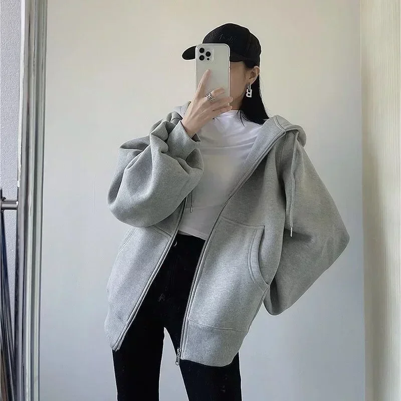 Autumn Winter Women's Solid Oversized Loose Hooded Sweatshirt Streetwear Hoodies Women Korean Style Casual Zip Hoodie Y2k