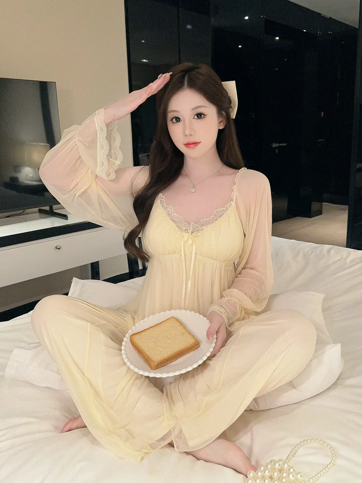 long-sleeve-women's-sleepwear-spring-summer-modal-sexy-with-chest-pad-sweet-lace-home-clothes-two-piece-set-comfortable-home