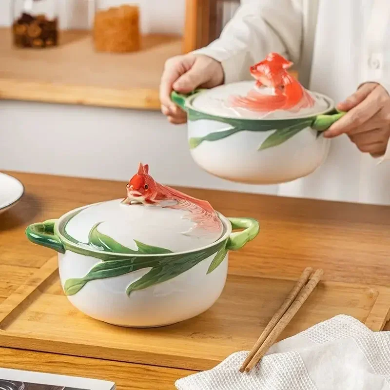 

Koi Shaped Ceramic Double Ear Bowl Instant Noodle Bowl, Underglaze Color High Temperature Resistance Symbolizing Good Luck