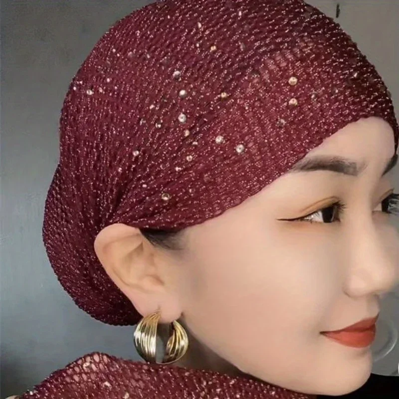 Hollow Head Covering Hair Cap for Woman Home Cap Fashion Stretch Elastic Hot Drill Wrapped Breathable Head Cap Beanies Skullies