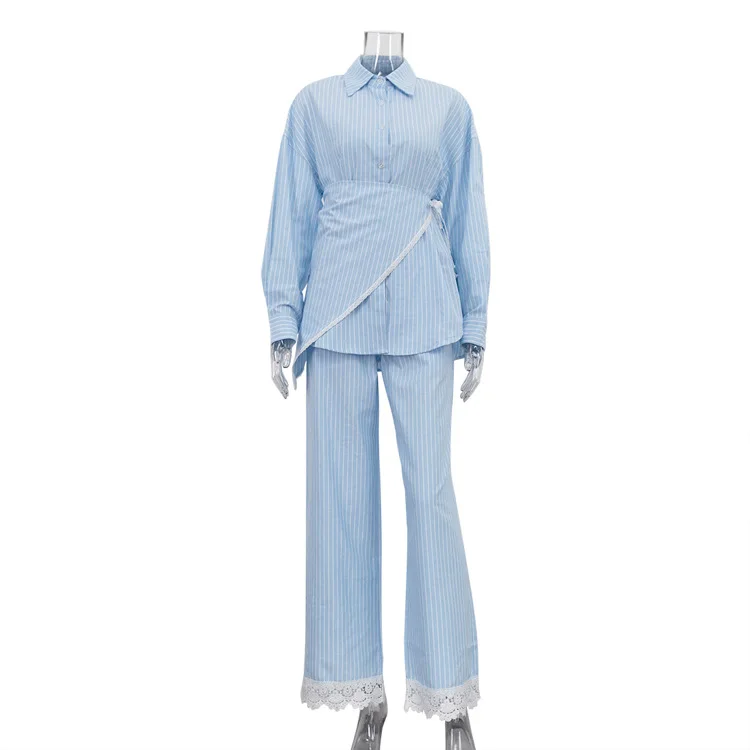 Conjunto informal de piezas de camiseta con estampado de rayas para mujer, cuello largo con ribete de encaje, pantalones de pierna ancha, conjunto Faionable